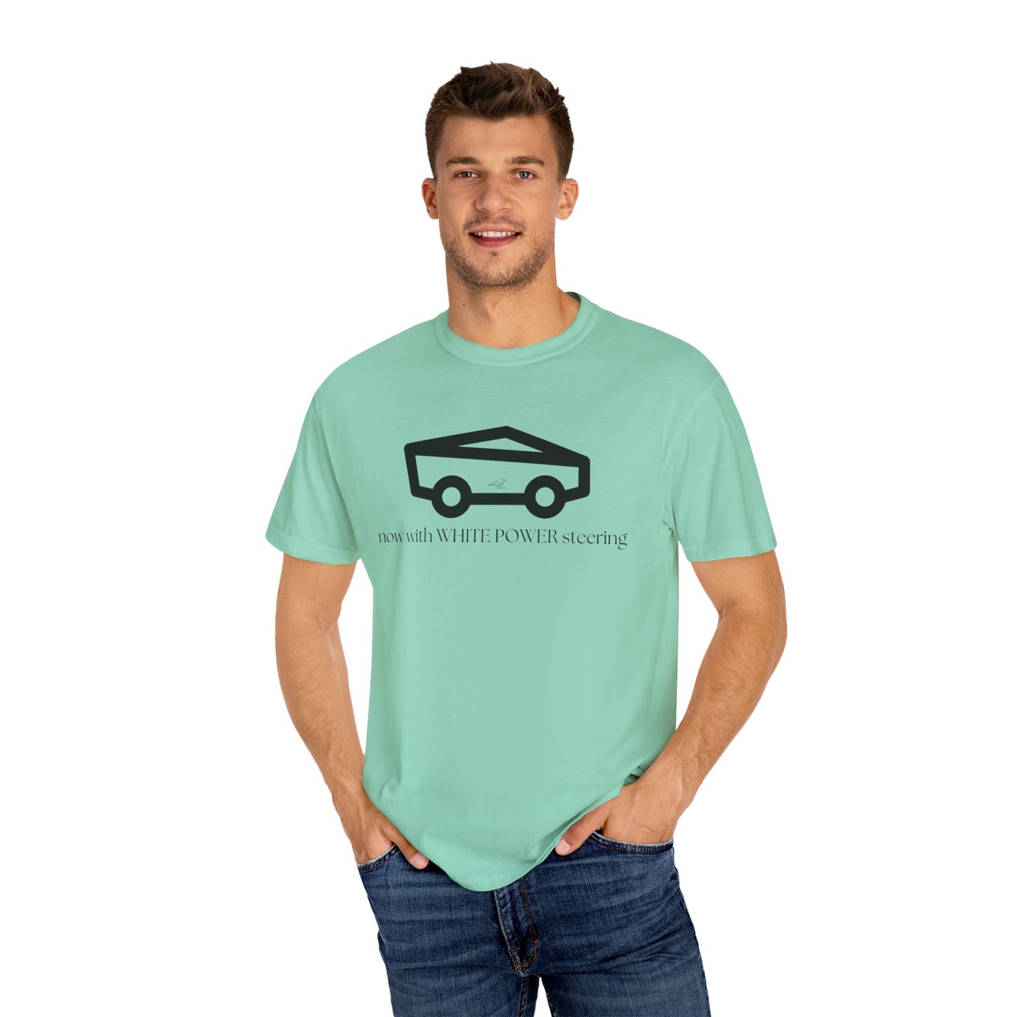 Unisex Garment-Dyed T-shirt with 'now with WHITE POWER steering' Design – Casual Style for Car Enthusiasts