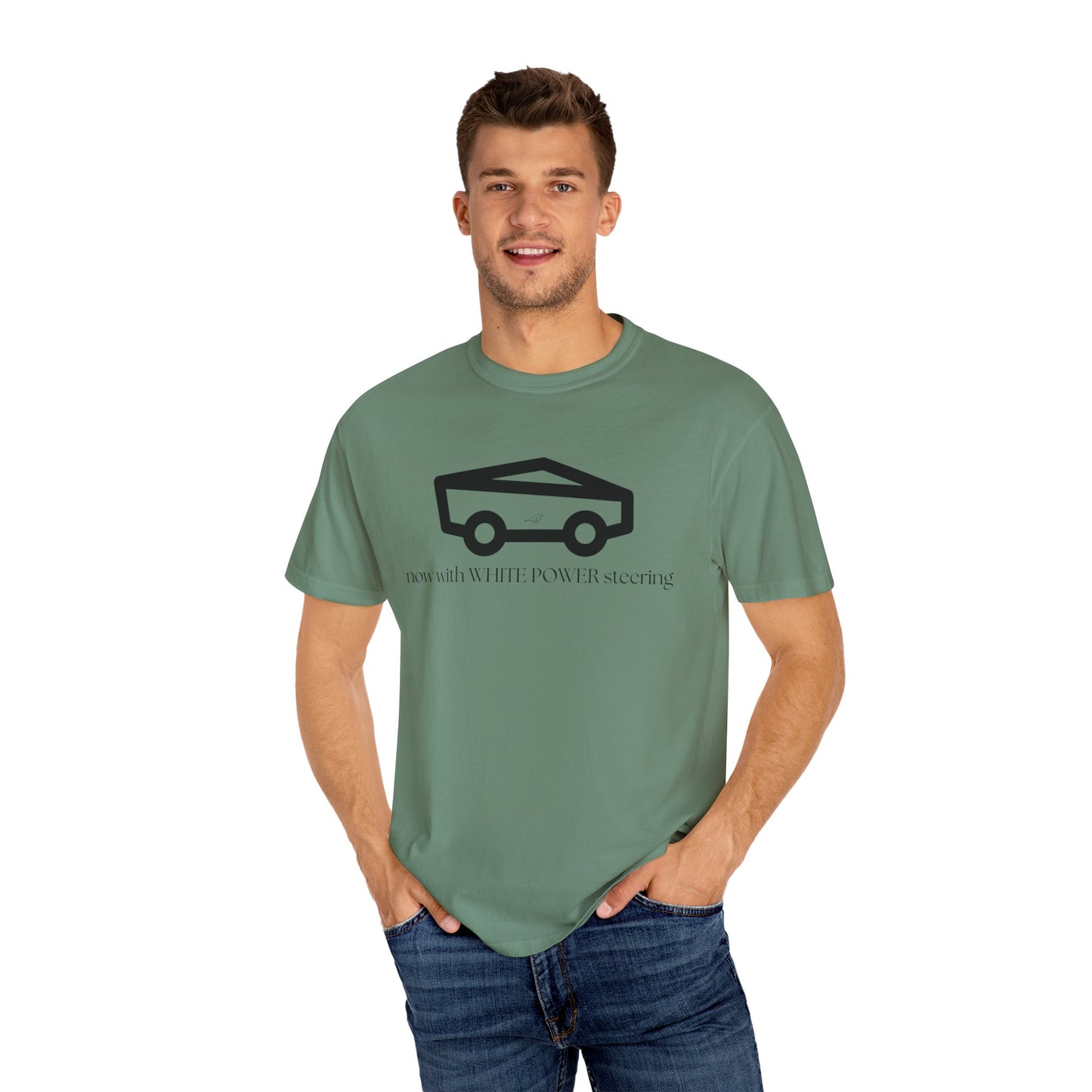 Unisex Garment-Dyed T-shirt with 'now with WHITE POWER steering' Design – Casual Style for Car Enthusiasts