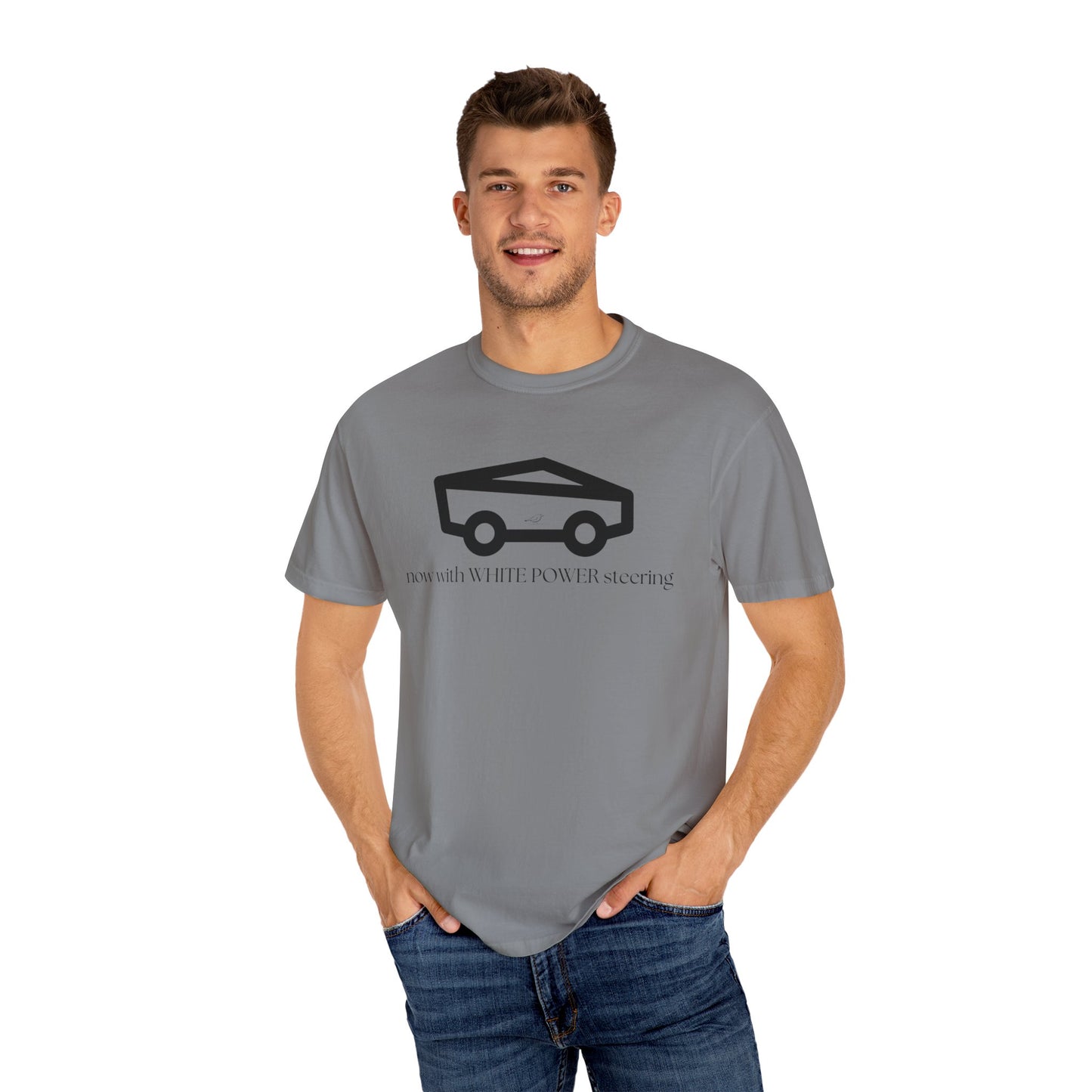 Unisex Garment-Dyed T-shirt with 'now with WHITE POWER steering' Design – Casual Style for Car Enthusiasts